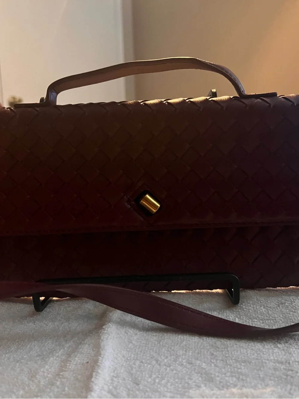 Woven Leather Top-Handle Crossbody Bag in Deep Burgundy
